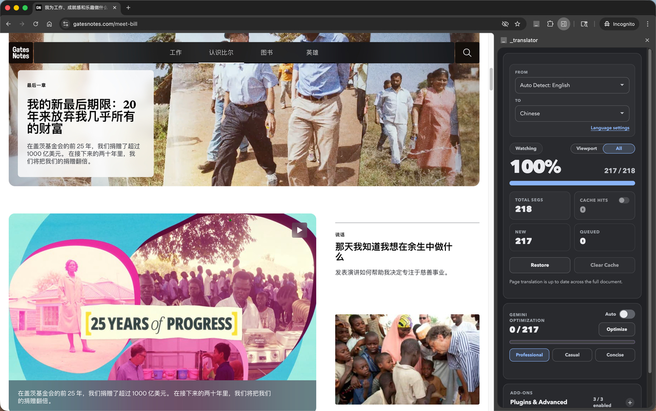 Gates Notes website fully translated to Chinese with 217/218 segments complete